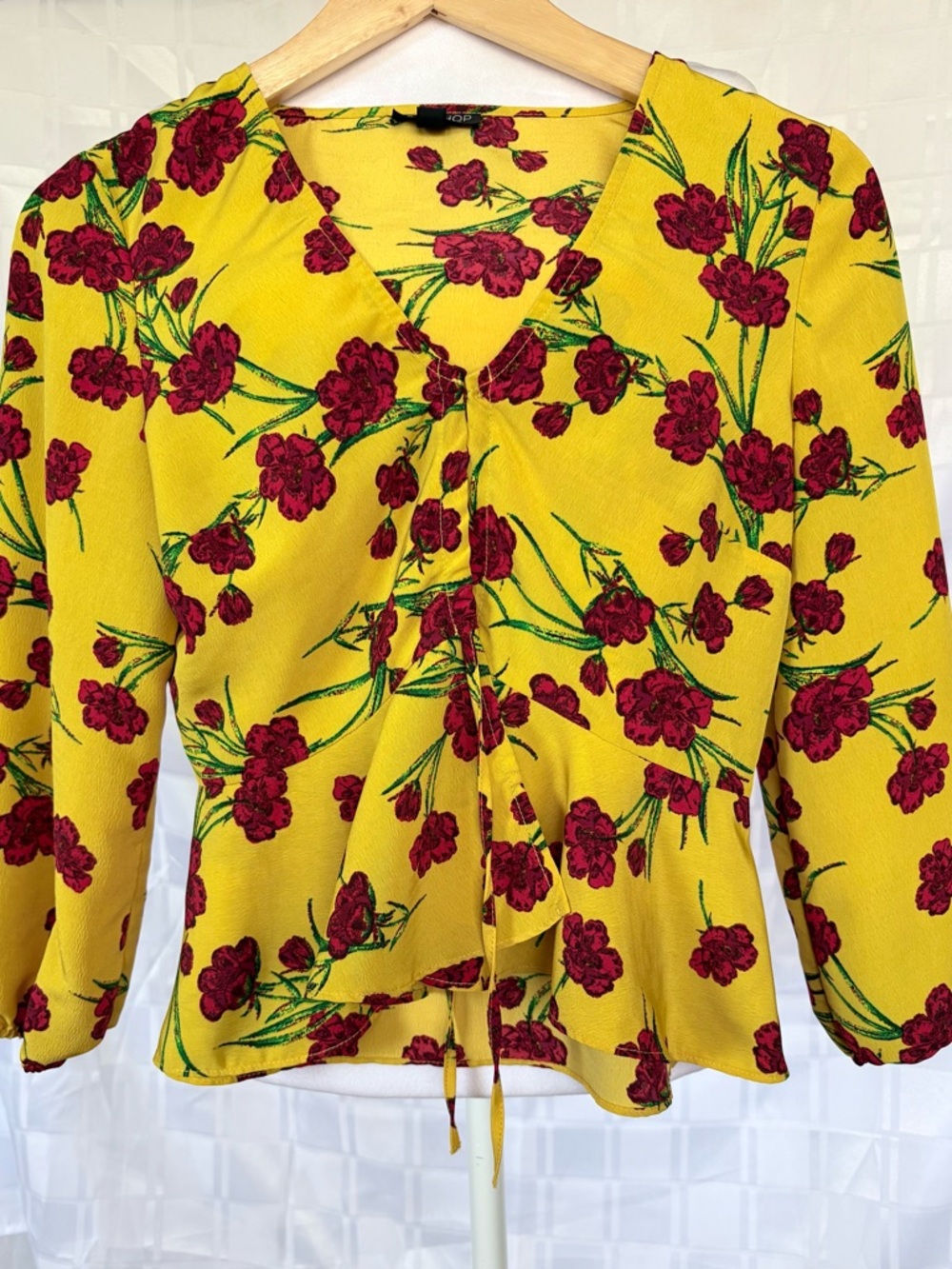 Topshop Yellow Red Floral Peplum Blouse Balloon sleeve Festival Blouse Sz 4 US - Picture 3 of 9